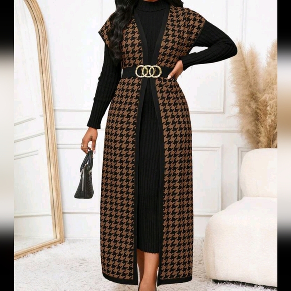 Women's Houndstooth Print Color Block Cardigan Vest, Versatile Spring - Picture 2 of 4